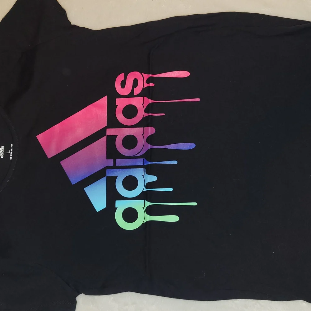 Girls Size L (14) Adidas Black Tee with Multicolor Logo. Excellent Condition - Picture 2 of 5